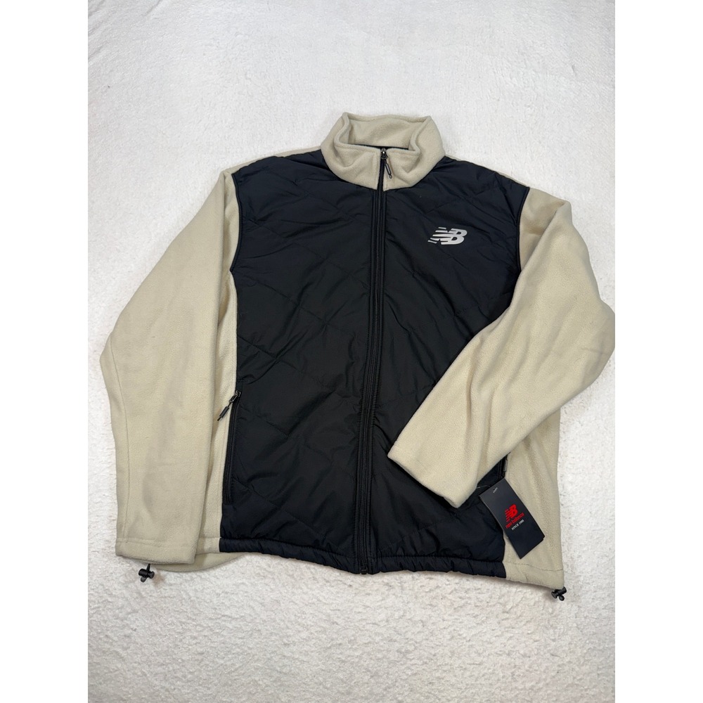 New Balance Mens XL Hybrid Quilted Fleece Full Zip Jacket Cream Black NB Logo